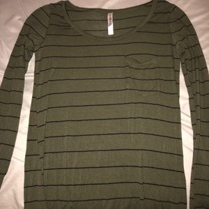 A green long sleeve shirt with black stripes